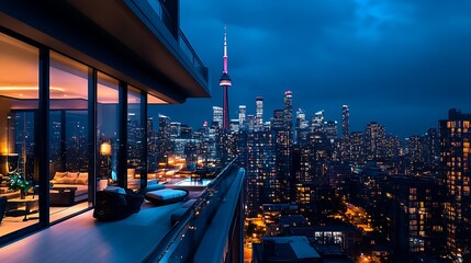 Obraz premium Night Cityscape Viewed From Modern Balcony Apartment