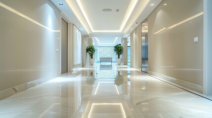 Obraz premium Luxurious Modern Hotel Corridor with Marble Floor and Subtle Lighting