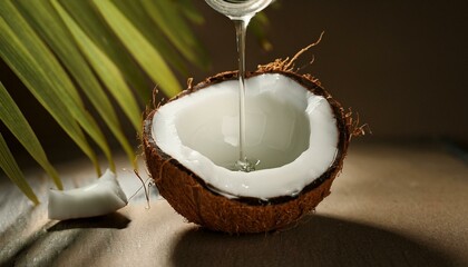 Coconut oil pouring into a halved coconut shell.