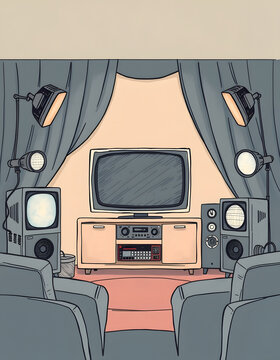 Cinema set. Movie, film, video, television concept. Hand drawn TV illustrations in vintage sketch style, origami, with white tones