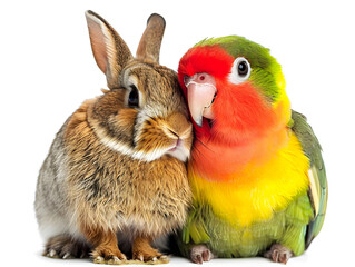 Obraz premium rabbit snuggling a colorful parrot on a clean white background