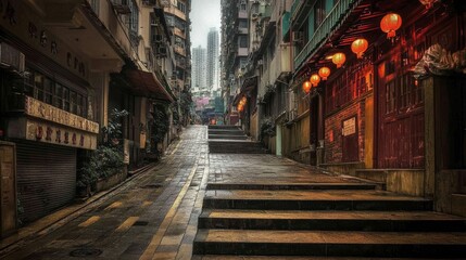 Fototapeta premium A quiet, narrow alley in Hong Kong's residential district, lit by red lanterns. The steps and dim lighting create a moody, atmospheric urban scene, perfect for showcasing the city's quieter moments