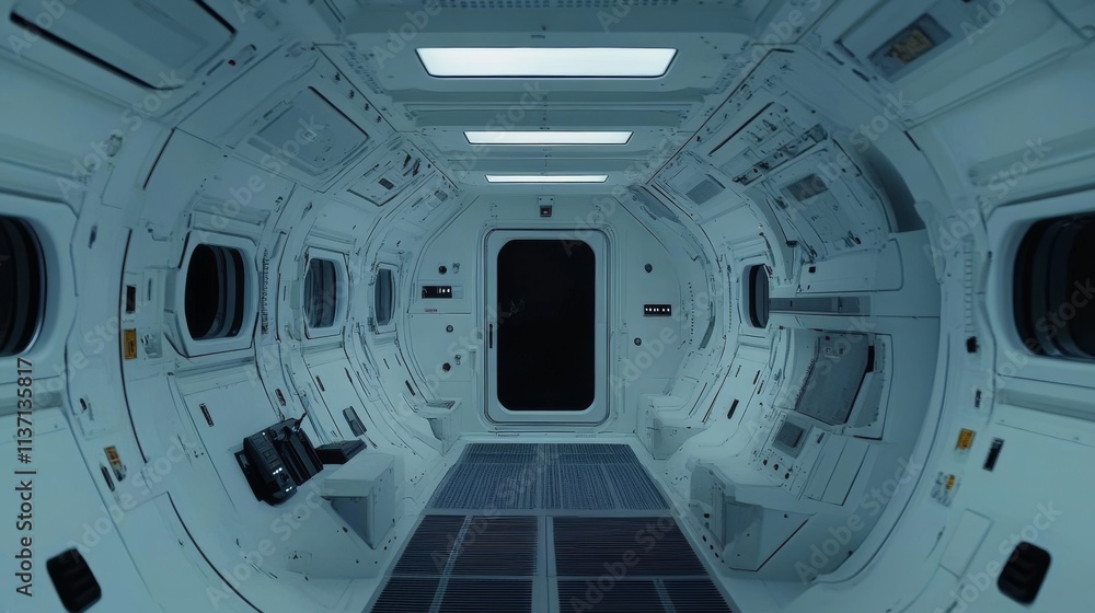Poster a clean, white spaceship corridor featuring advanced technology and illuminated control panels. the 
