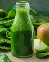 Refreshing green smoothie in a glass bottle, with spinach and apple slices.