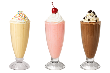 Strawberry milkshake with a maraschino cherry on top transparent png cut out element set