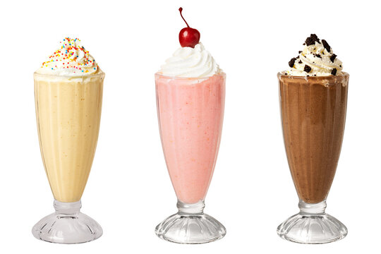 Strawberry milkshake with a maraschino cherry on top transparent png cut out element set