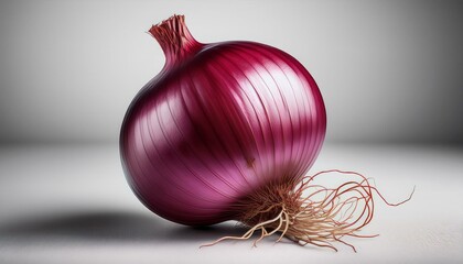 A single, vibrant red onion sits on a stark white background, its rich color and intricate details highlighted.