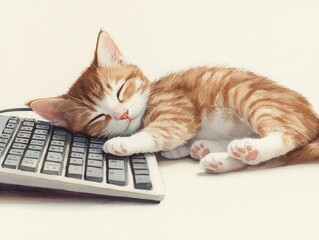 A sleepy kitten rests on a keyboard, showcasing a cute moment of relaxation and playfulness in a cozy setting.