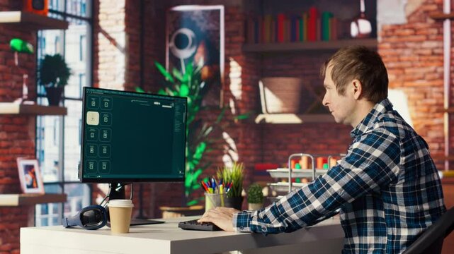 Man at home looking over documentation files to learn how to use text to video generative models. Person in apartment reading technical specifications documents for AI program, camera B