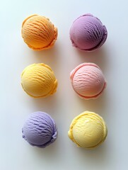 A colorful arrangement of six ice cream scoops in various flavors.