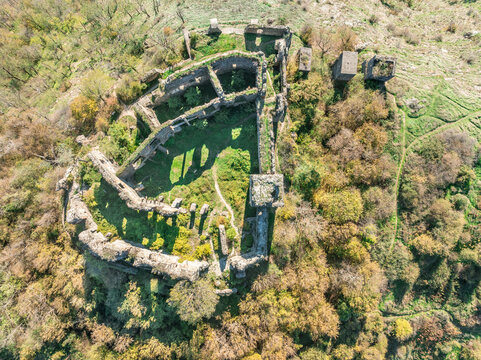 Aerial ground plan view of medieval Solymos, Soimos castle ruin in Romania