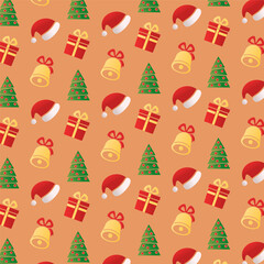 Christmas and New Years holiday vector cute pattern. Set of Christmas symbols: gift box, Christmas tree, Santa Claus hat, bell. Seamless pattern, background, wallpaper, print, decor