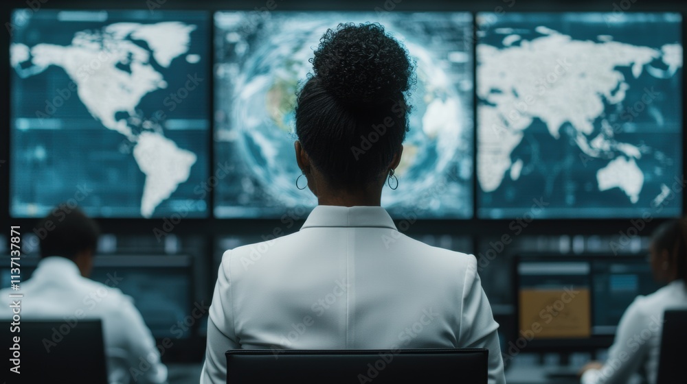Aufkleber focused professional in front of multiple digital data screens