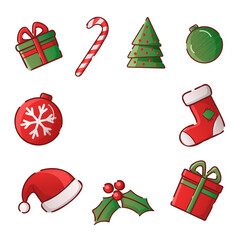 Merry Christmas cute cartoon card template design stickers clipart with Christmas symbols. Christmas balls, Christmas tree, boxes with gifts, Santa Claus hat, snowflakes on a transparent background