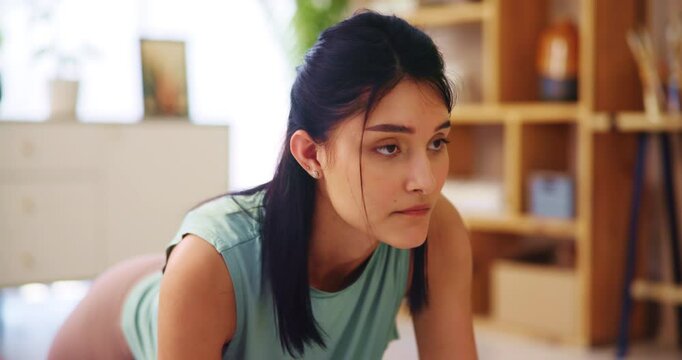 Yoga, woman and stretching with balance in home for mobility, flexibility and core muscle strength. Pilates, girl and warm up for arms, legs and fitness exercise on floor with mindfulness or wellness