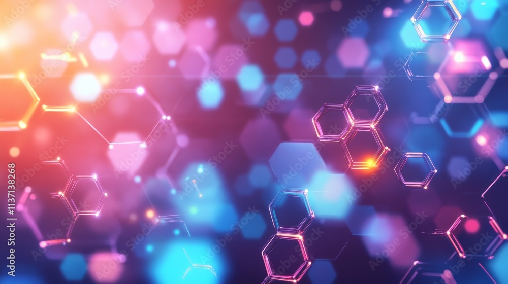 Poster a vibrant digital pattern with glowing pink and blue hexagonal shapes. this abstract representation 