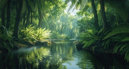 Obraz premium Forest view, lush trees, clean stream