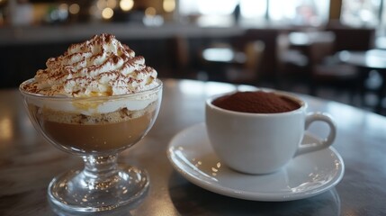 A dessert presentation featuring a glass of layered coffee and a cup of cocoa.