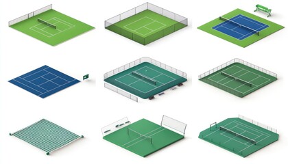 Explore Diverse Tennis Court Designs: Green, Blue Surfaces, Fencing, Nets, and More!