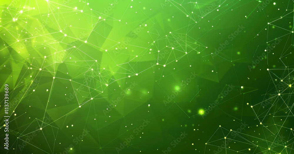 Poster abstract green background with geometric shapes and glowing points, suitable for digital design.