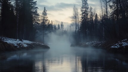 Misty River Flows Through Winter Forest Landscape