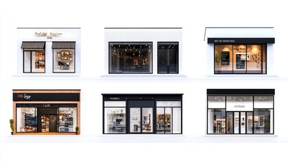 Modern Retail Store Designs:  Showcase Diverse Shopfronts with Stylish Awnings, Brick & Glass Facades, and Creative Window Displays. Explore Architectural Styles.