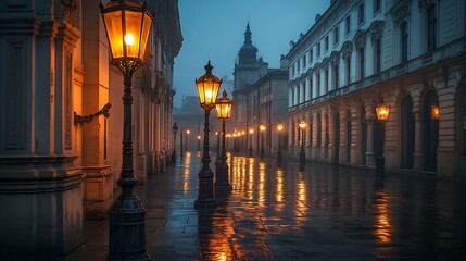 Romantic Rainy Night Cityscape With Glowing Streetlights