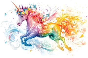 Obraz premium A white unicorn with a colorful mane in a fairy tale world horse, children, graphic, fantasy, pony, mane, rainbow, dream, fairy, mammal, mythology, print, silhouette, emblem, imagination, legend 
