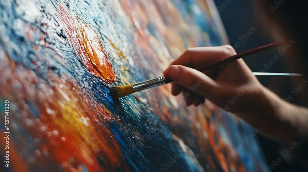 Poster close-up of an artist applying textured brush strokes on a vibrant painting. the rich color palette 