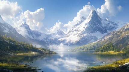 Majestic snow capped mountains reflect in a serene lake