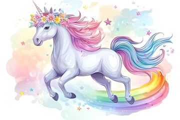 Fototapeta premium A white unicorn with a colorful mane in a fairy tale world horse, children, graphic, fantasy, pony, mane, rainbow, dream, fairy, mammal, mythology, print, silhouette, emblem, imagination, legend 