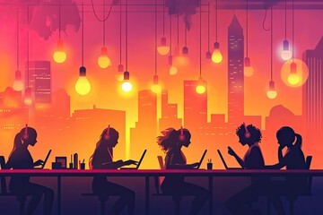 A vibrant vector illustration of diverse women working together in an open-plan office, with laptops and headphones