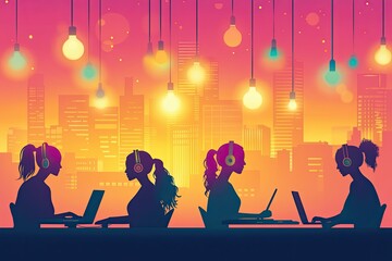 A vibrant vector illustration of diverse women working together in an open-plan office, with laptops and headphones