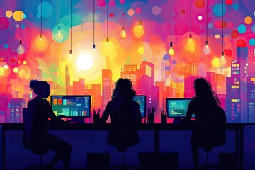 A vibrant vector illustration of diverse women working together in an open-plan office, with laptops and headphones