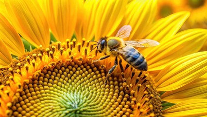 Bee surrounded by bright yellow sunflower petals with pollen-filled baskets on its back, bees, pollination, sunflowers