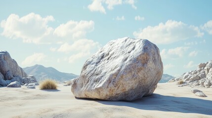 Large Boulder Rests in Sandy Desert Landscape Under Blue Sky