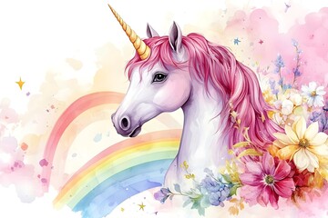 A white unicorn with a colorful mane in a fairy tale world horse, children, graphic, fantasy, pony, mane, rainbow, dream, fairy, mammal, mythology, print, silhouette, emblem, imagination, legend
