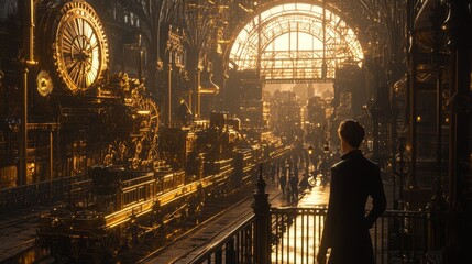 Fototapeta premium A man in a dark suit overlooks a bustling vintage train station bathed in warm, golden light. The grand architecture, classic trains, and the atmosphere of movement capture a moment of reflection and
