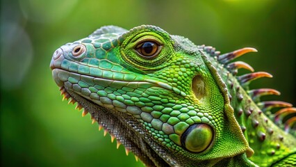 Fototapeta premium Green Iguana Close-up, scaly skin textures, green reptile species