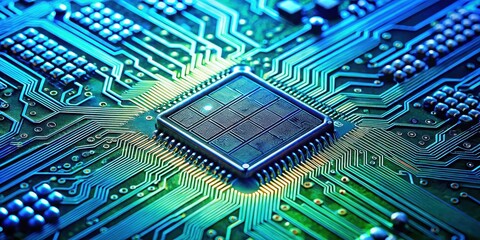 Fototapeta premium Close-up of a microchip with intricate blue and green patterns