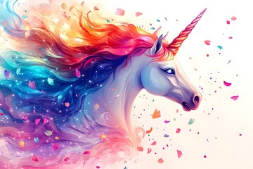 A white unicorn with a colorful mane in a fairy tale world horse, children, graphic, fantasy, pony, mane, rainbow, dream, fairy, mammal, mythology, print, silhouette, emblem, imagination, legend
