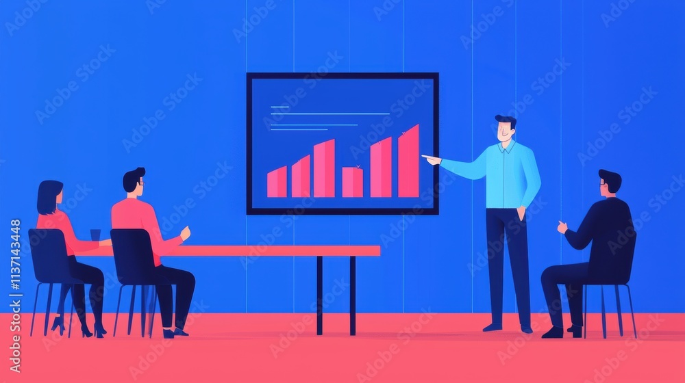Poster business presentation with graph and team in modern office setting
