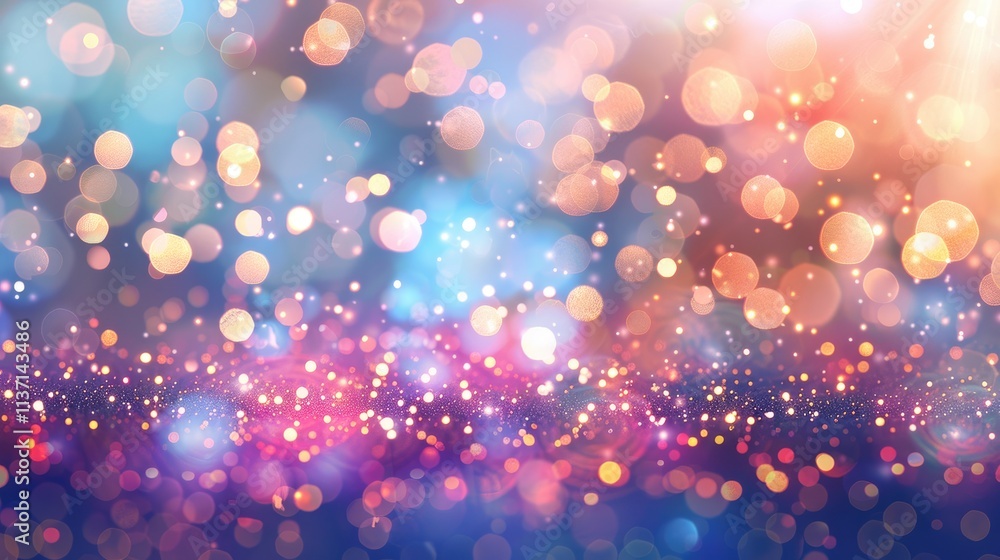 Poster a vibrant bokeh background with colorful lights and sparkles for creative use.