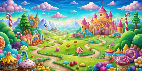 Fantasy Candyland Board Game Scene, board game, board game table, playing cards