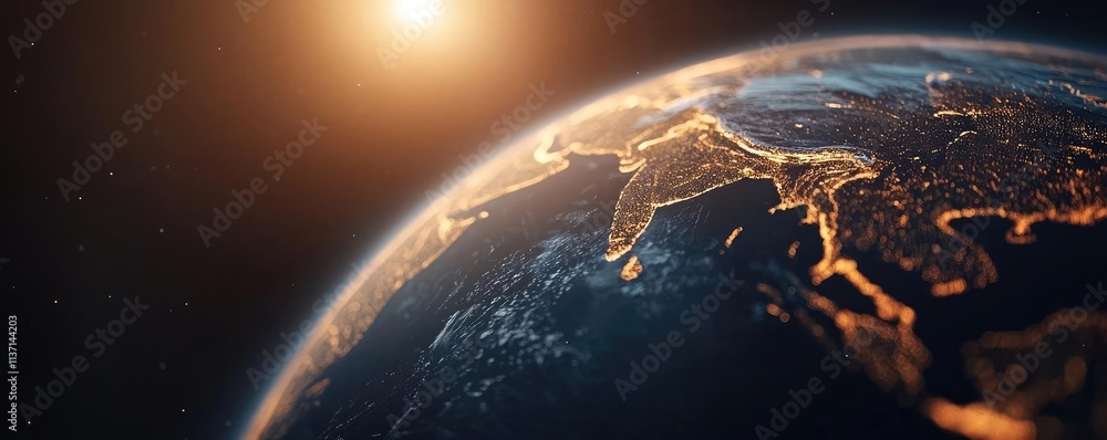 Poster weather forecast concept. close-up view of earth from space showing continents and glowing lights at