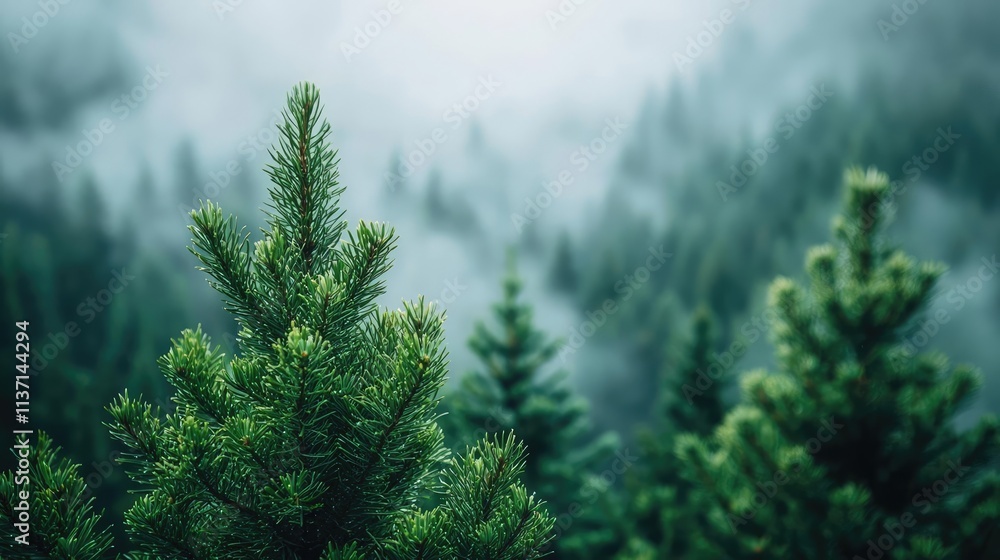 Aufkleber mysterious fog concept. lush green trees emerging through fog in a serene forest setting, creating a