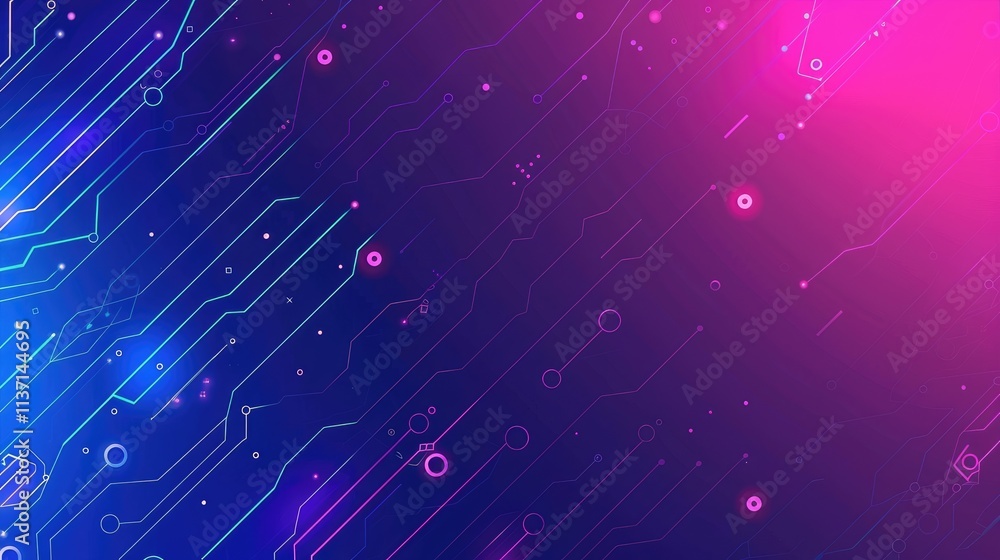 Poster abstract digital background with vibrant blue and pink lines and circuit-like patterns.