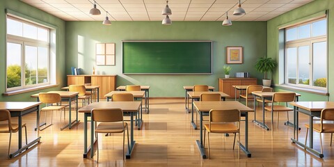 Back to School Classroom Scene , books, apples, yellow flowers, blue background, desk, chair, pencils