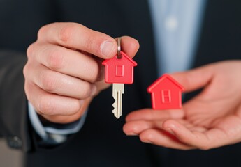 Person Holding House Key with Keychain Symbolizing Home Ownership