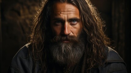 A man with a beard and long hair is staring at the camera